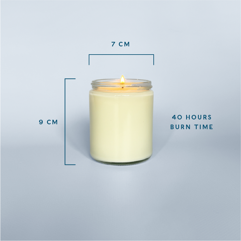 Candle dimensions 9 cm high x 7 cm wide and 40 hours burn time.