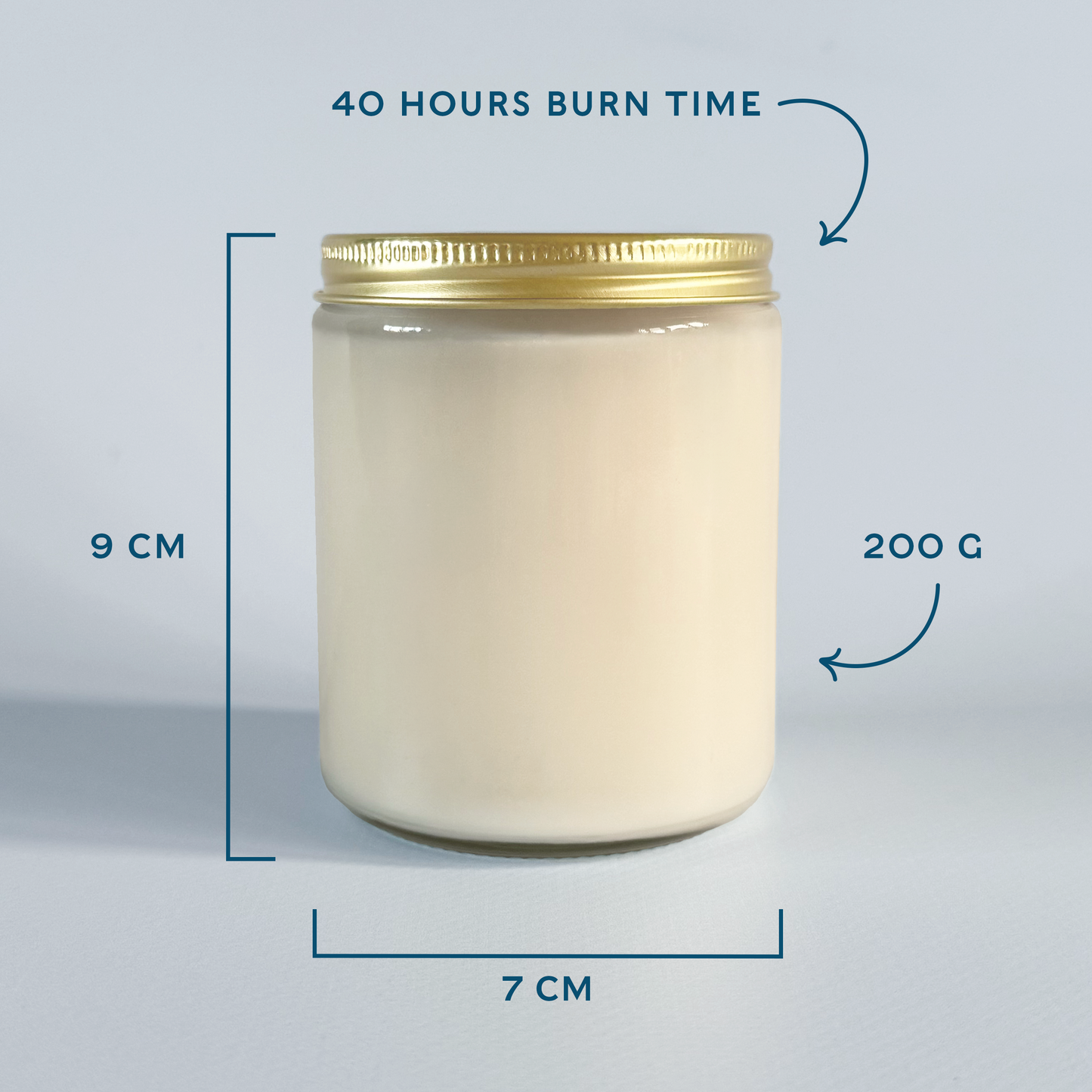 Candle jar with dimensions, burn time and weight information on a light gray background.