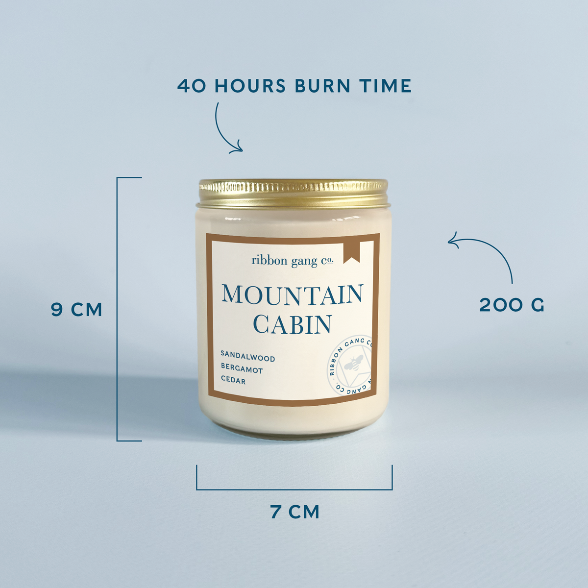 A candle jar labeled 'Mountain Cabin' by ribbon gang co., shown with measurement callouts indicating 9 cm height, 7 cm width, 200 g weight, and 40 hours burn time on a light blue background.