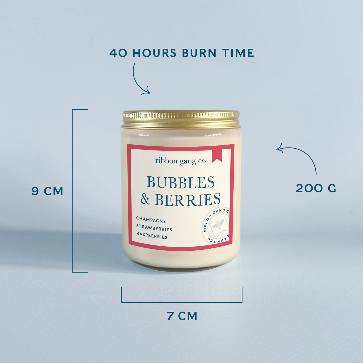 A candle jar labeled 'Bubbles & Berries' by ribbon gang co., shown on a light blue background with measurement callouts indicating 9 cm height, 7 cm width, 200 g weight, and 40 hours burn time.