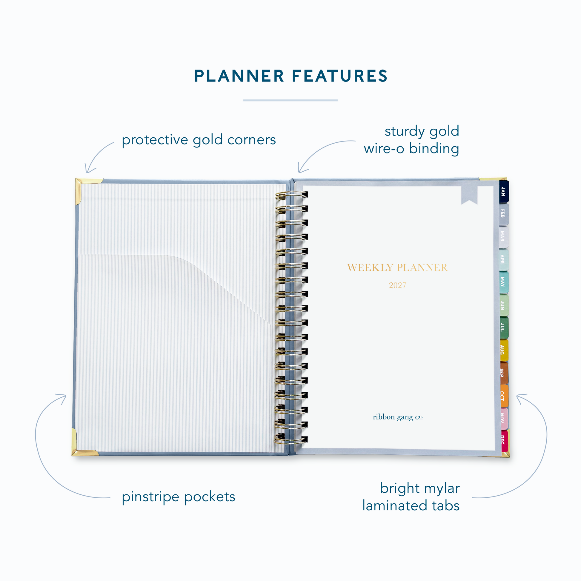A French blue spiral bound 2027 planner on a white background open to the first page showing a pocket inside the front cover and a title page.
