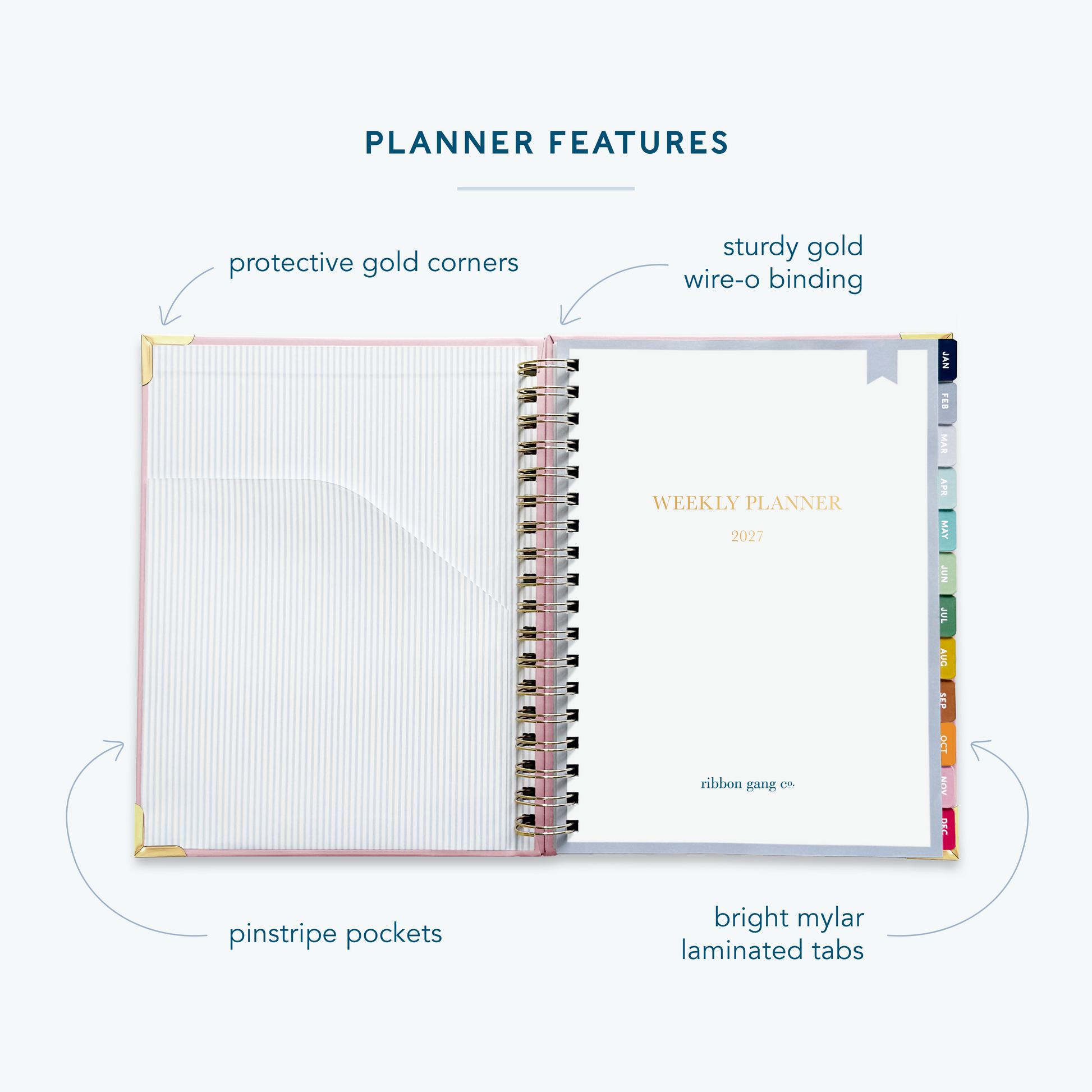 A blush pink spiral bound 2027 planner on a white background open to the first page showing a pocket inside the front cover and a title page.