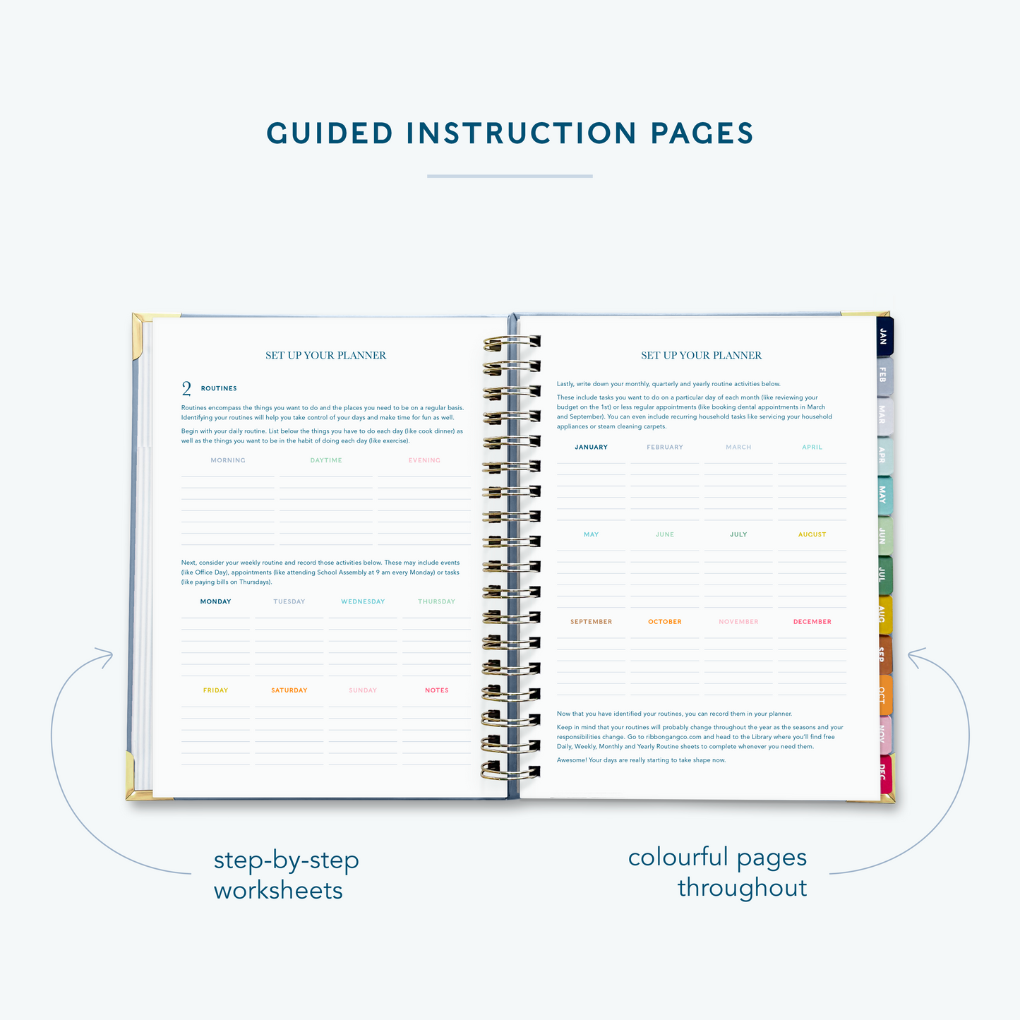A French blue spiral bound 2027 planner  on a white background open to show guided instruction pages directing the user how to set up their planner.