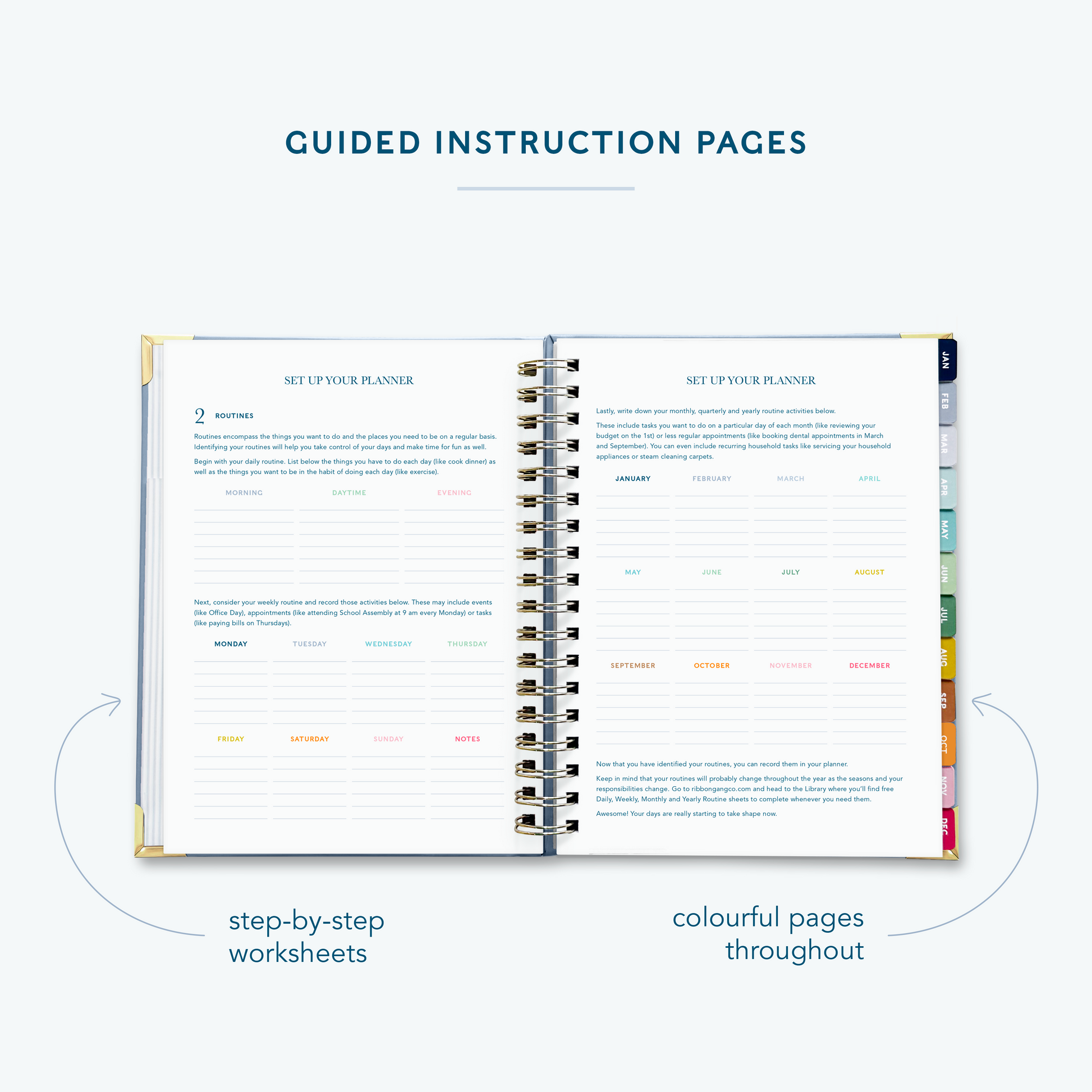 A French blue spiral bound 2027 planner  on a white background open to show guided instruction pages directing the user how to set up their planner.