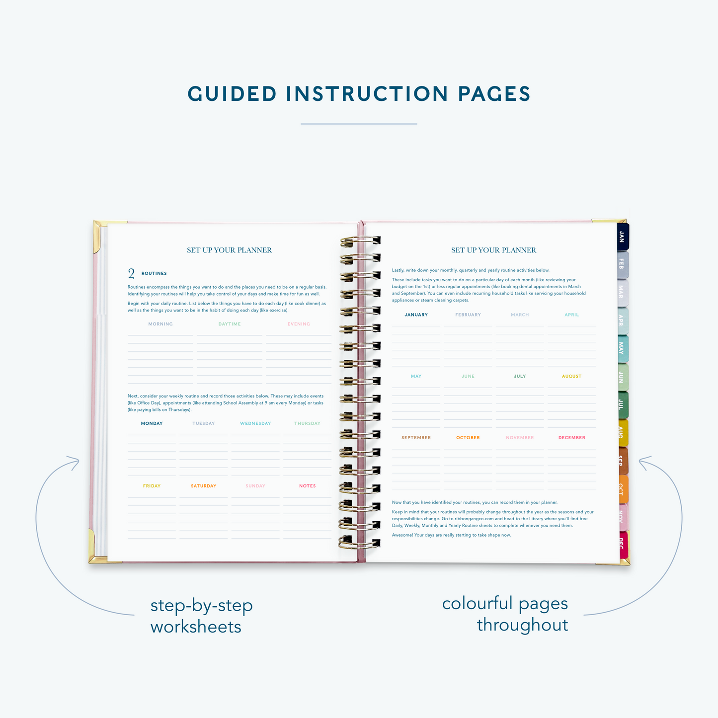 A blush pink spiral bound 2027 planner  on a white background open to show guided instruction pages directing the user how to set up their planner.