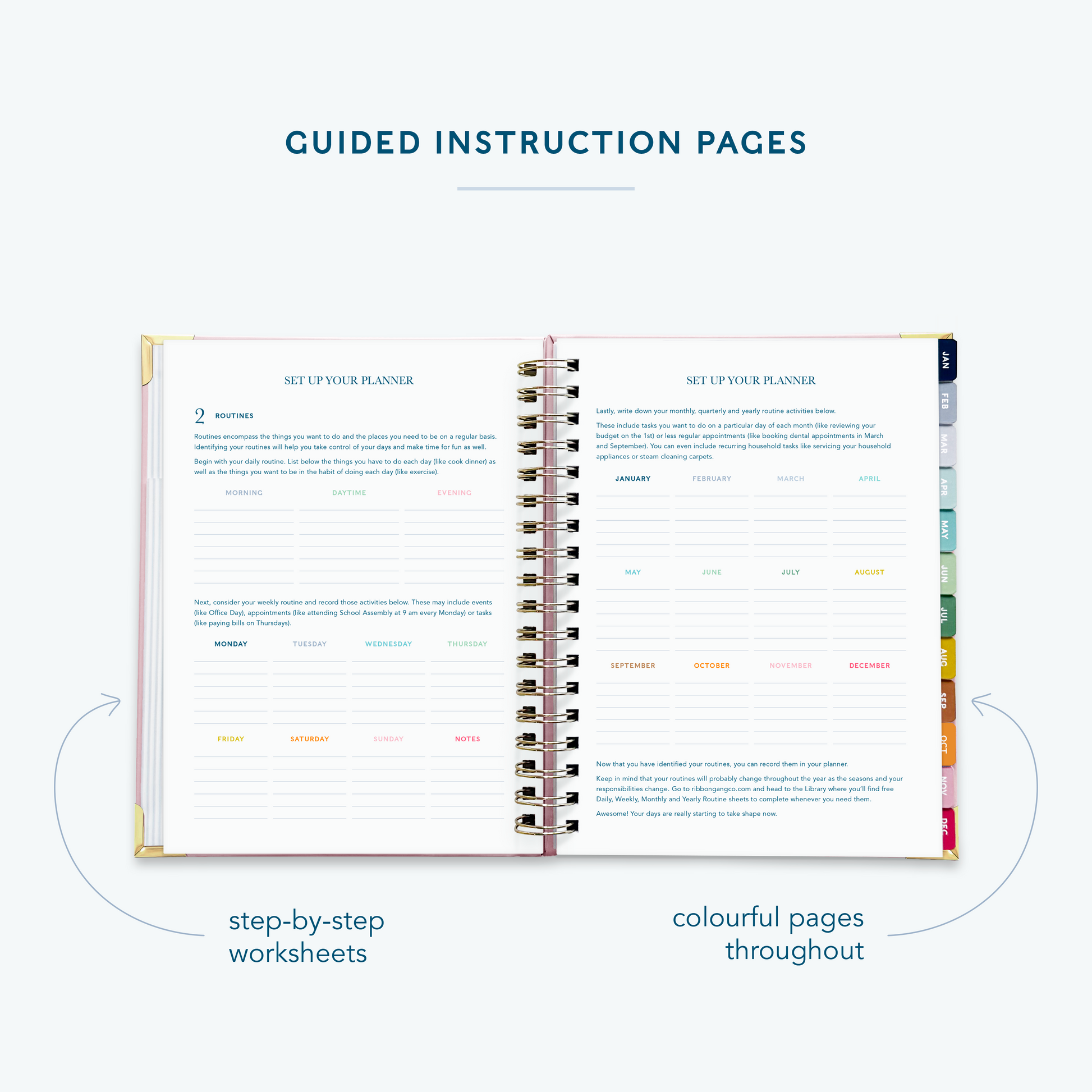A blush pink spiral bound 2027 planner  on a white background open to show guided instruction pages directing the user how to set up their planner.