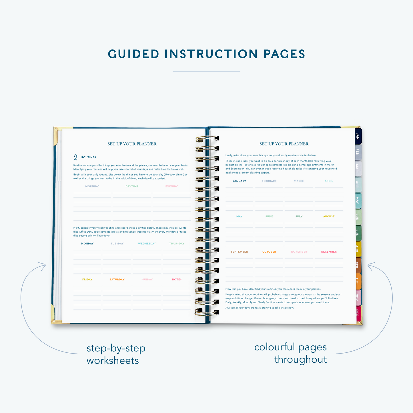 A navy blue spiral bound 2027 planner  on a white background open to show guided instruction pages directing the user how to set up their planner.