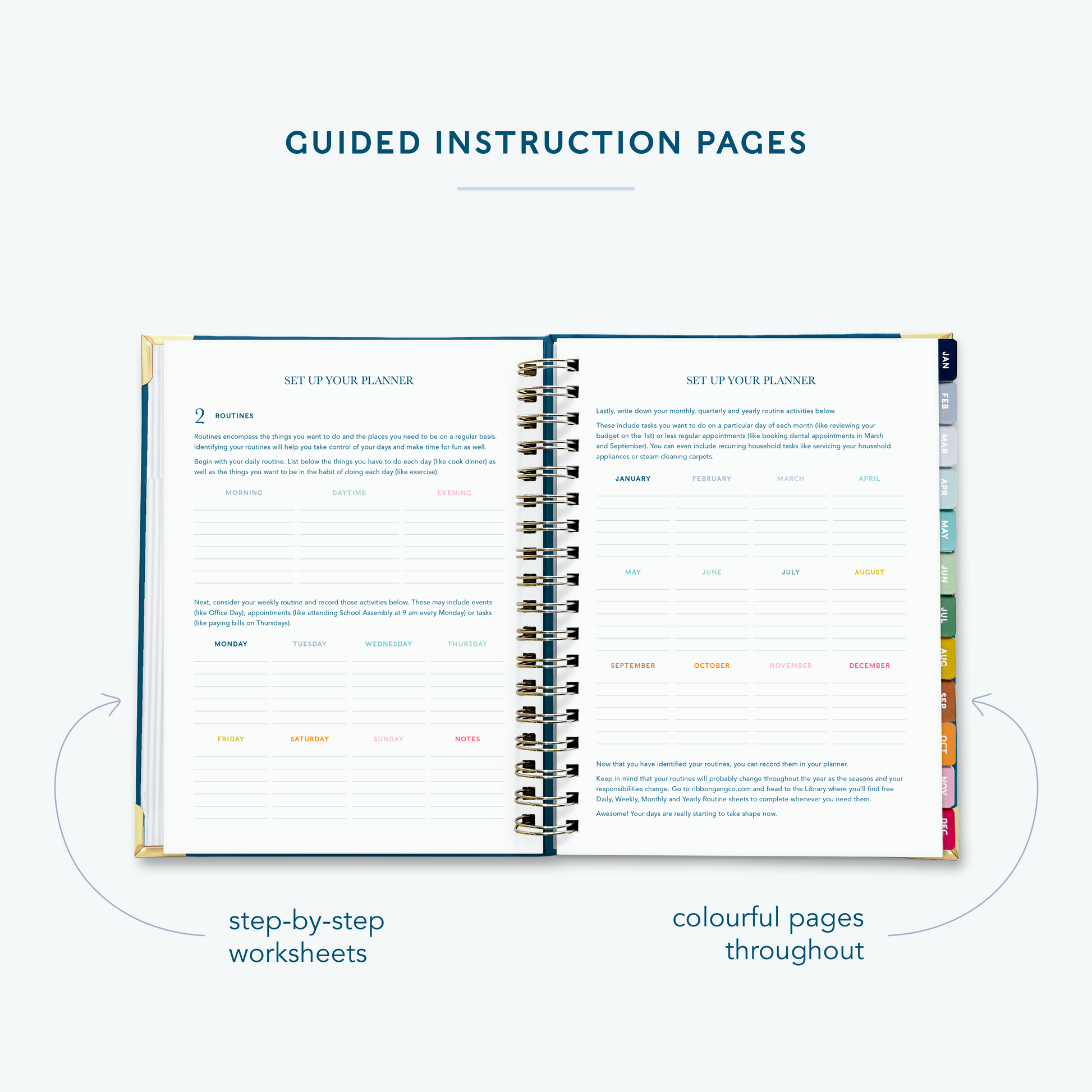 A navy blue spiral bound 2027 planner  on a white background open to show guided instruction pages directing the user how to set up their planner.