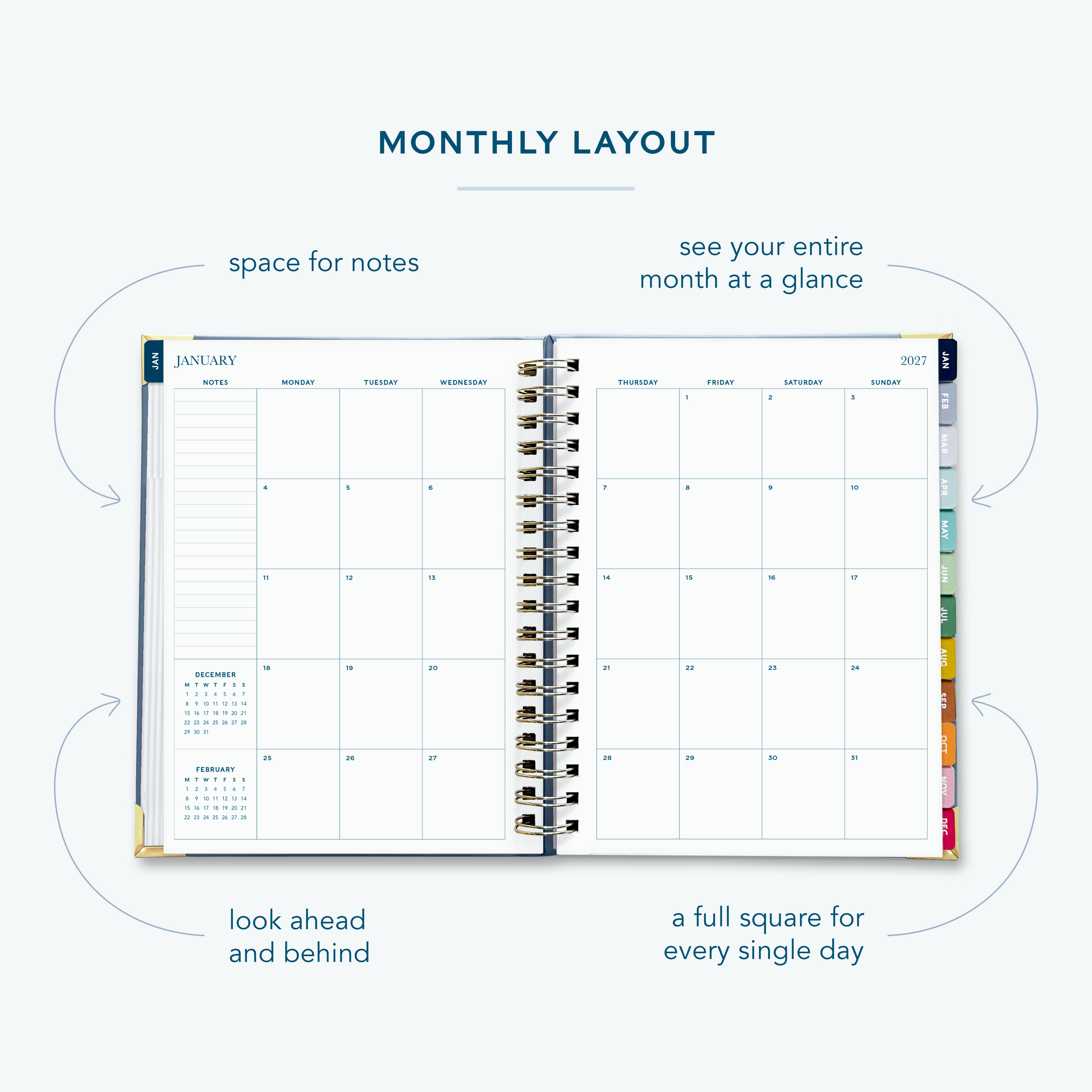 A French blue spiral bound 2027 planner  on a white background open to show the monthly spread over two pages.