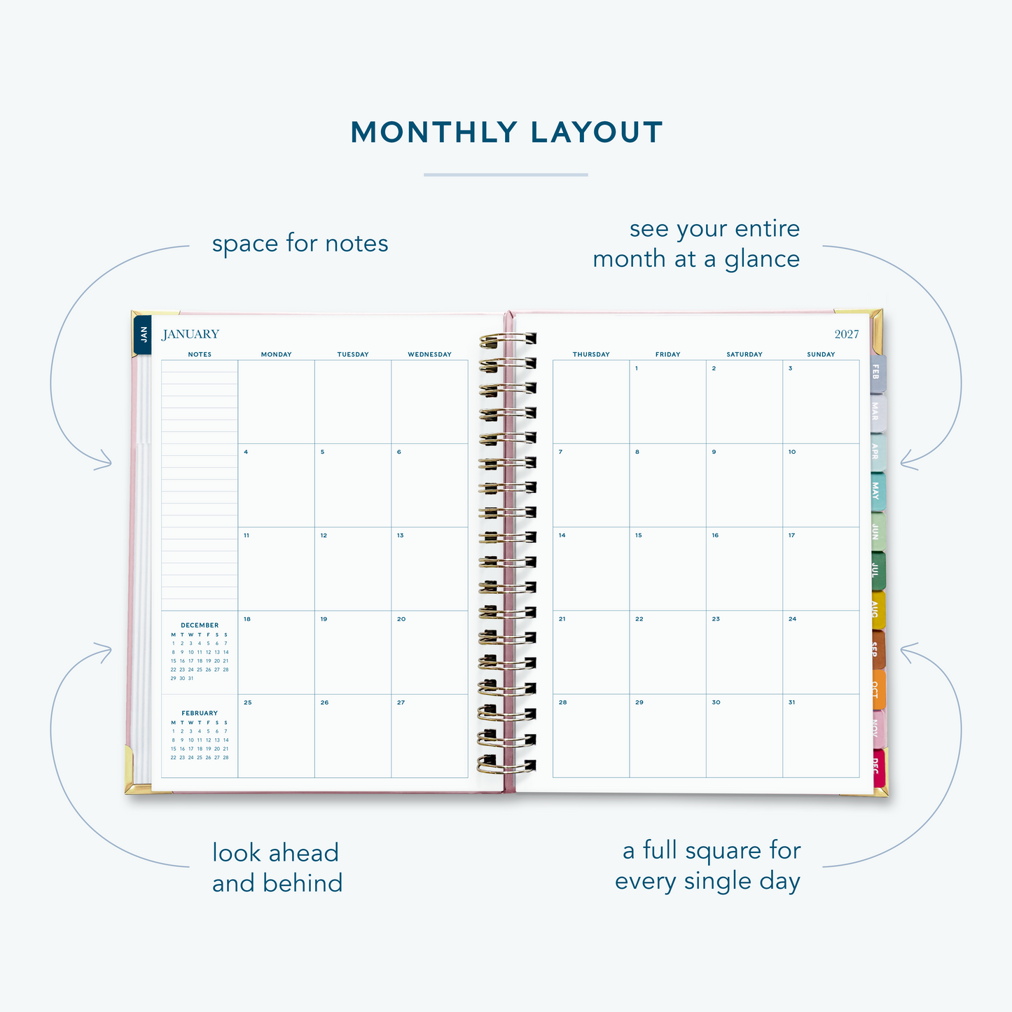 A blush pink spiral bound 2027 planner  on a white background open to show the monthly spread over two pages.