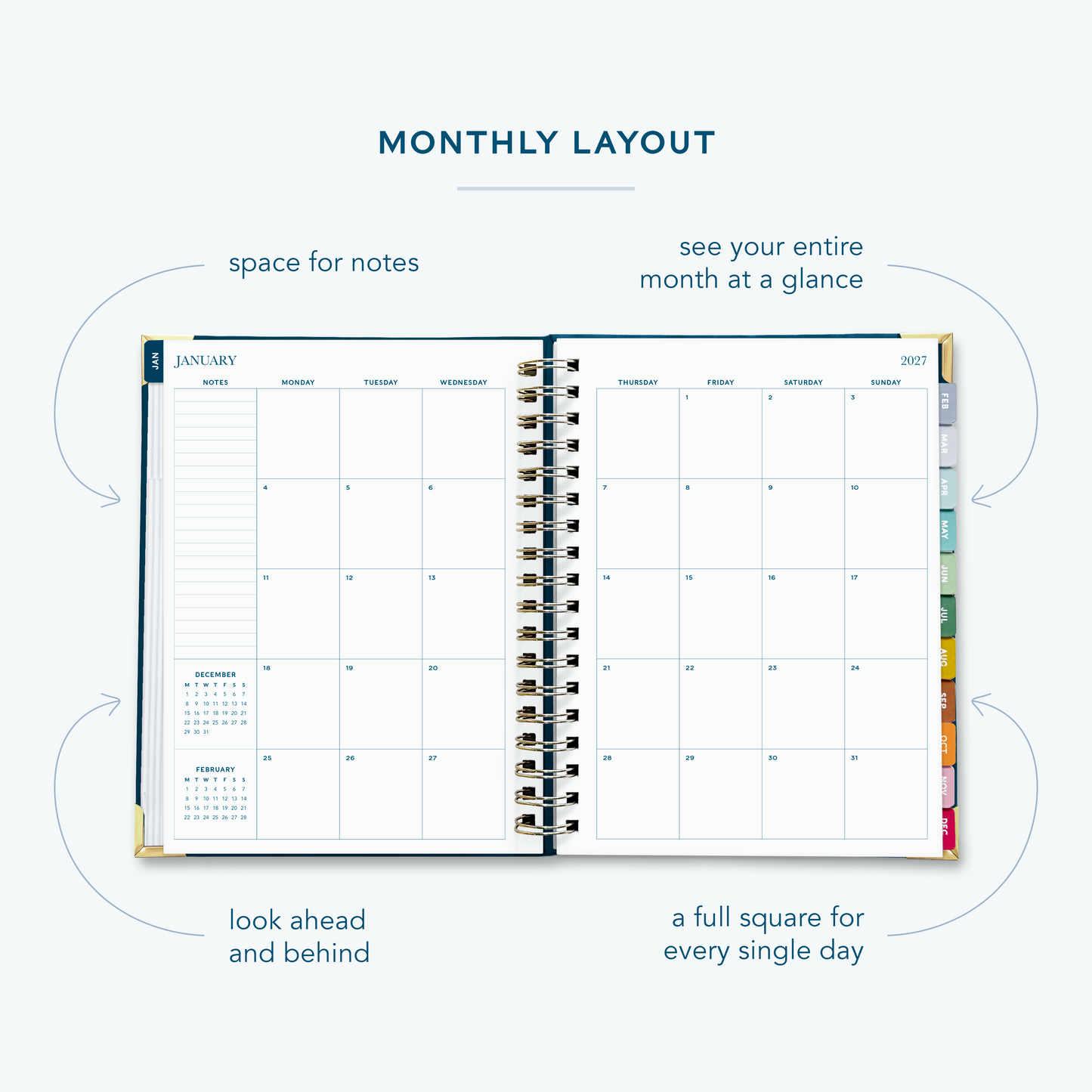 A navy blue spiral bound 2027 planner  on a white background open to show the monthly spread over two pages.