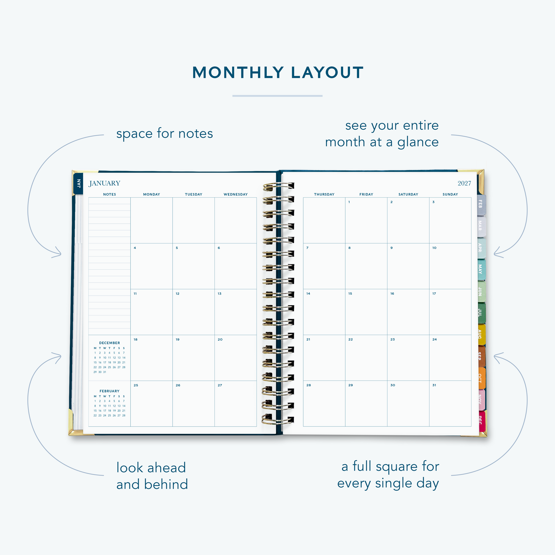A navy blue spiral bound 2027 planner  on a white background open to show the monthly spread over two pages.