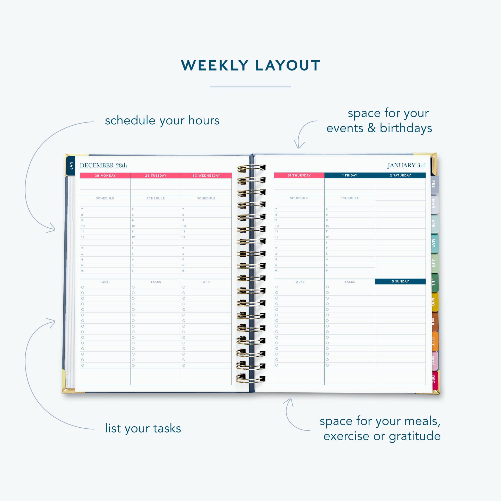 A French blue spiral bound 2027 planner  on a white background open to show the weekly spread over two pages.