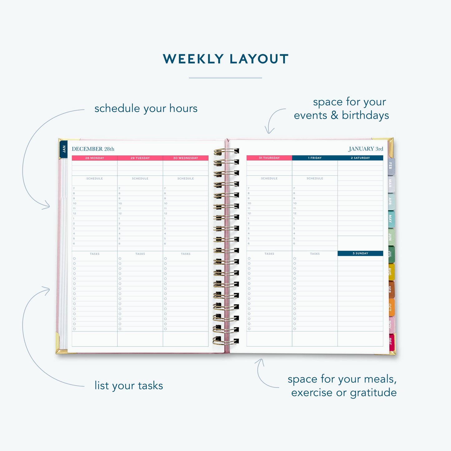 A blush pink spiral bound 2027 planner  on a white background open to show the weekly spread over two pages.