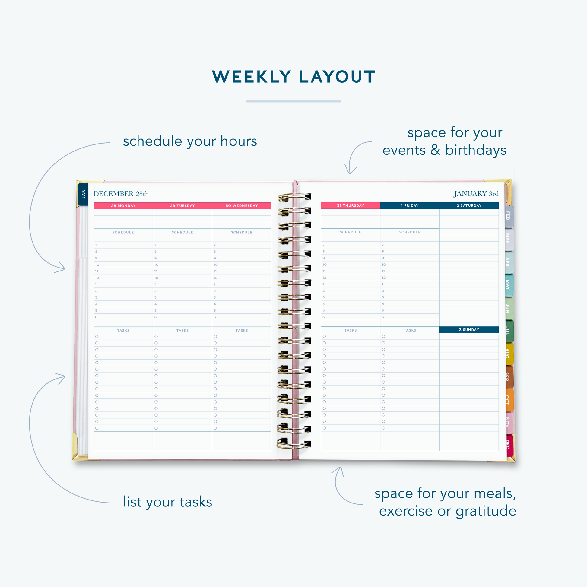 A blush pink spiral bound 2027 planner  on a white background open to show the weekly spread over two pages.