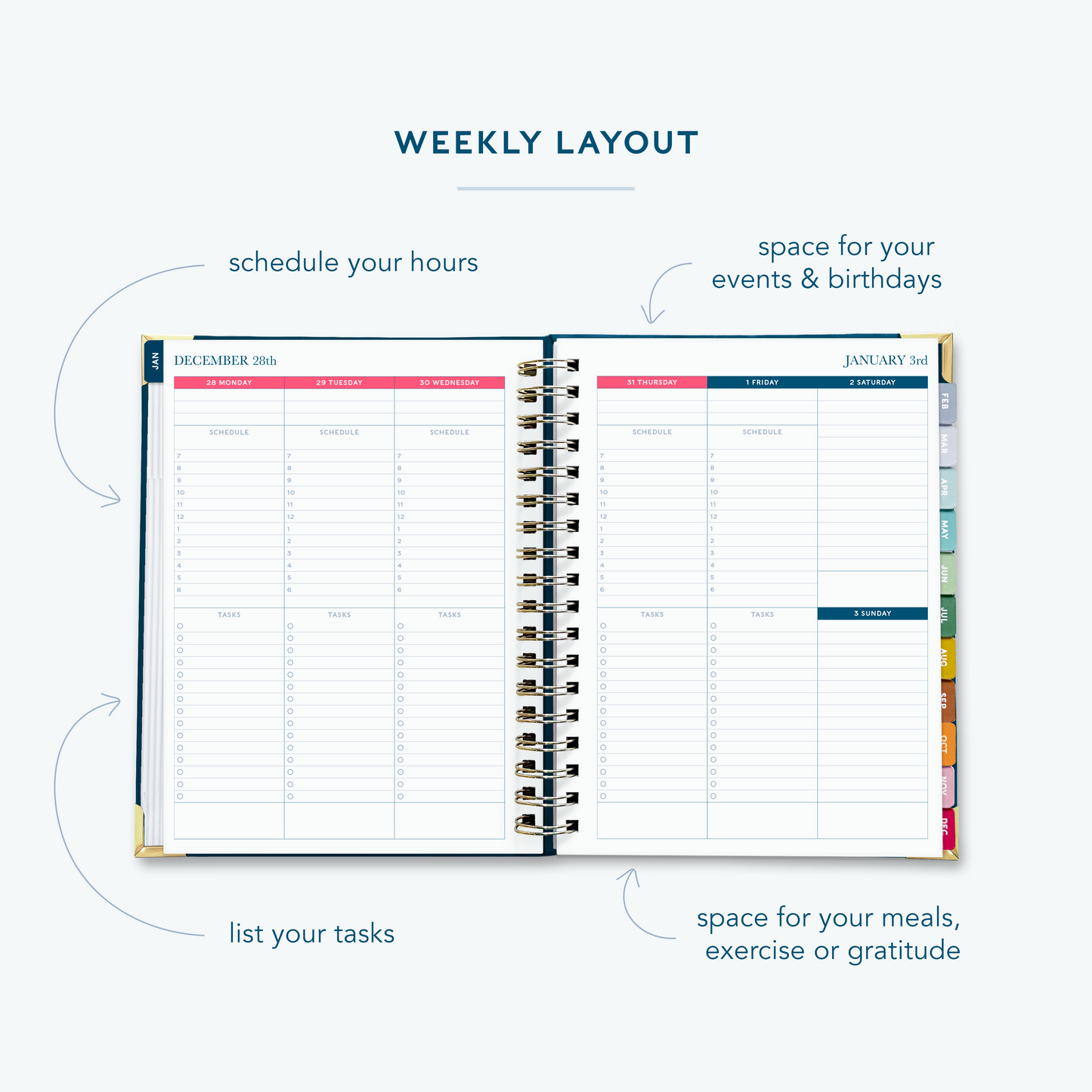 A navy blue spiral bound 2027 planner  on a white background open to show the weekly spread over two pages.