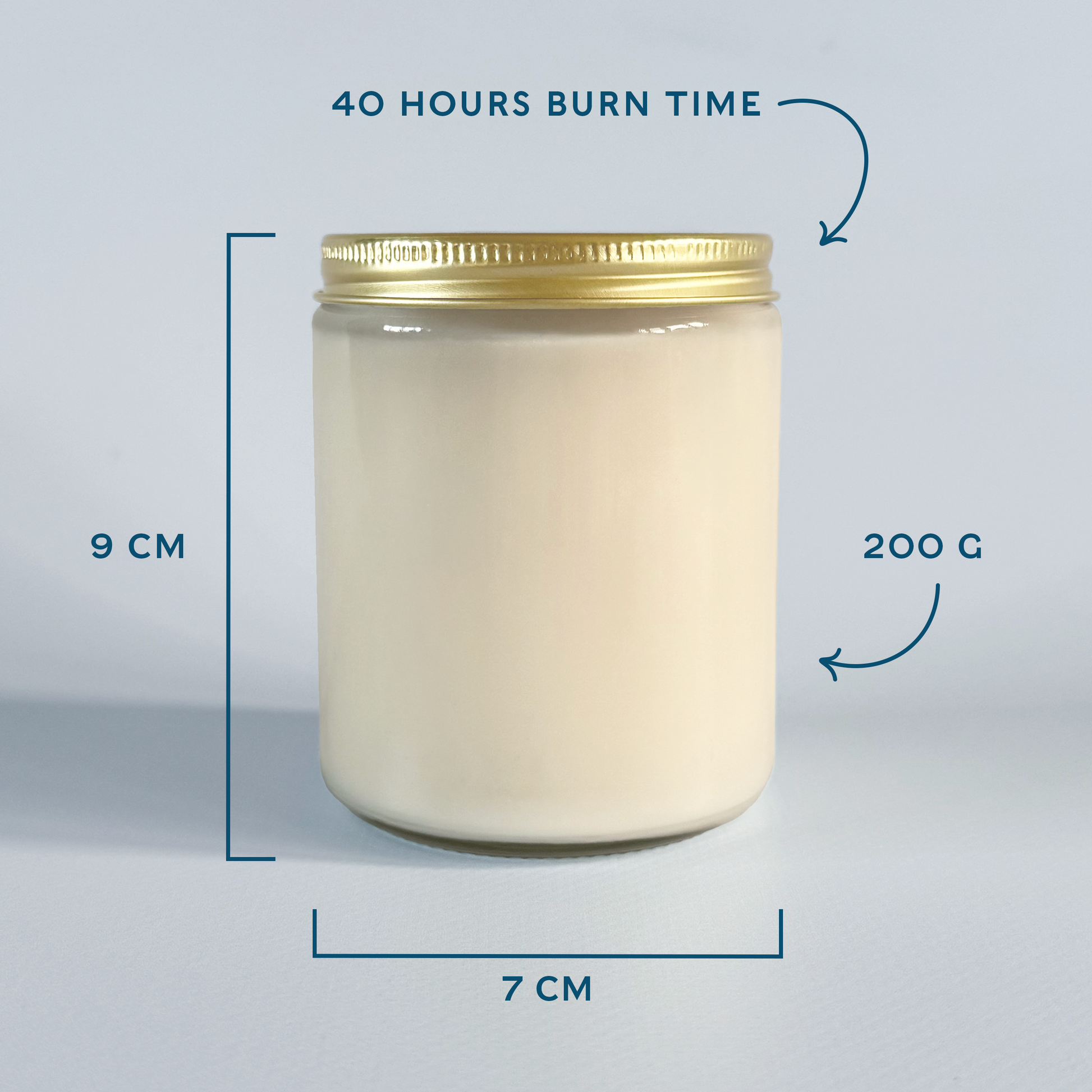 Candle jar with dimensions, burn time and weight information on a light gray background.
