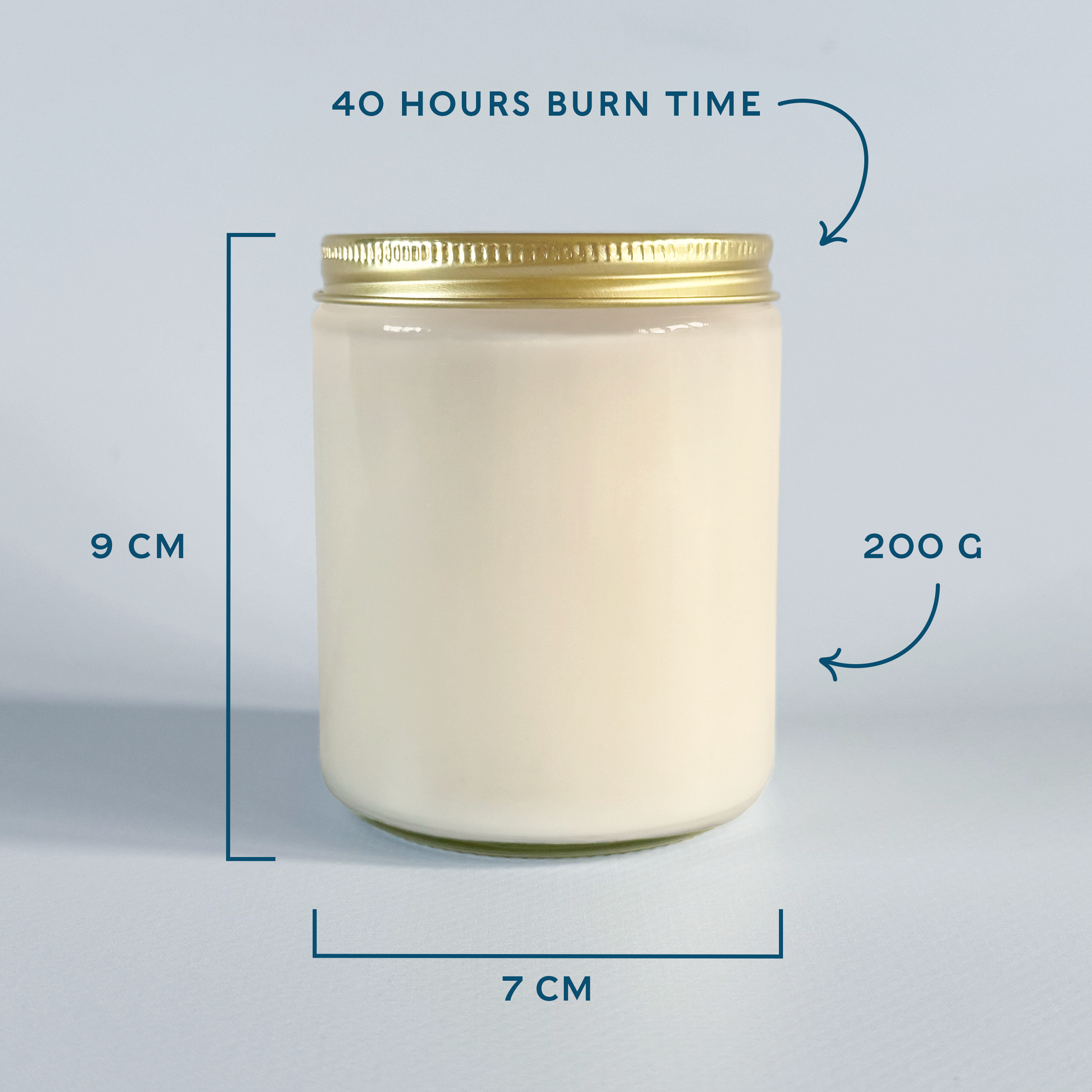 Candle jar with dimensions and burn time information on a light grey background.