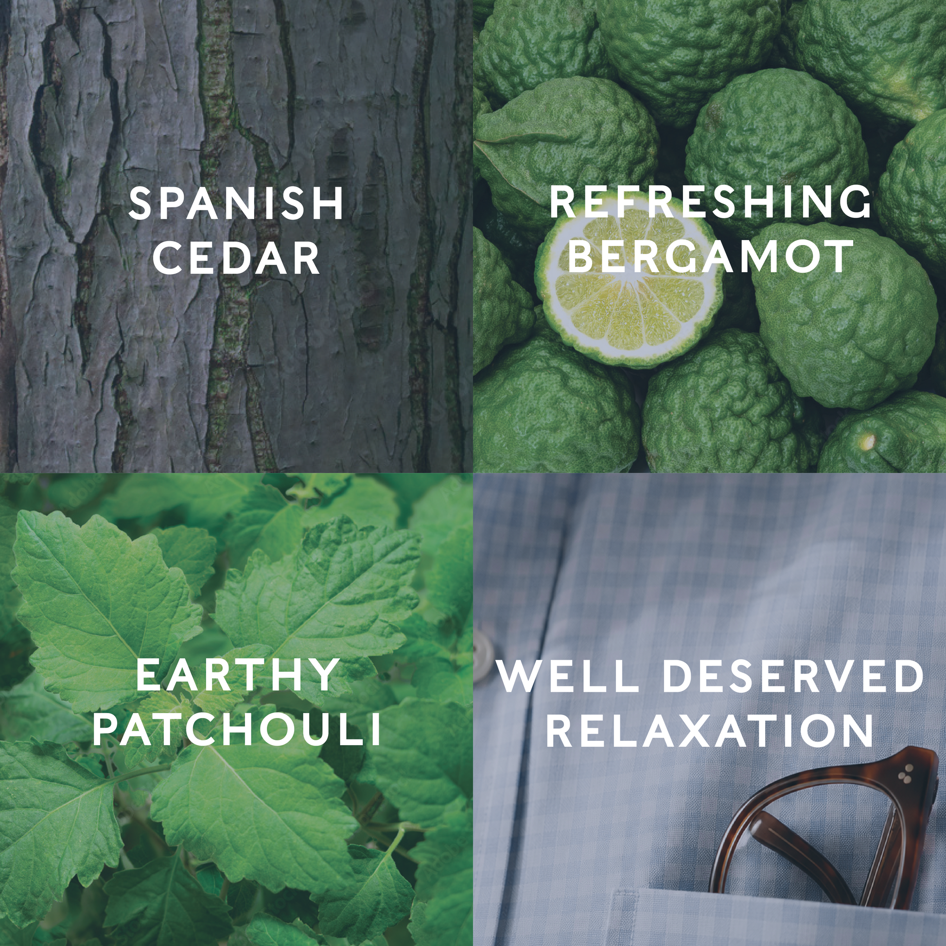 Four quadrants with natural elements and corresponding text labels: Spanish Cedar, Refreshing Bergamot, Earthy Patchouli, Well Deserved Relaxation demonstrating the candle scent notes.