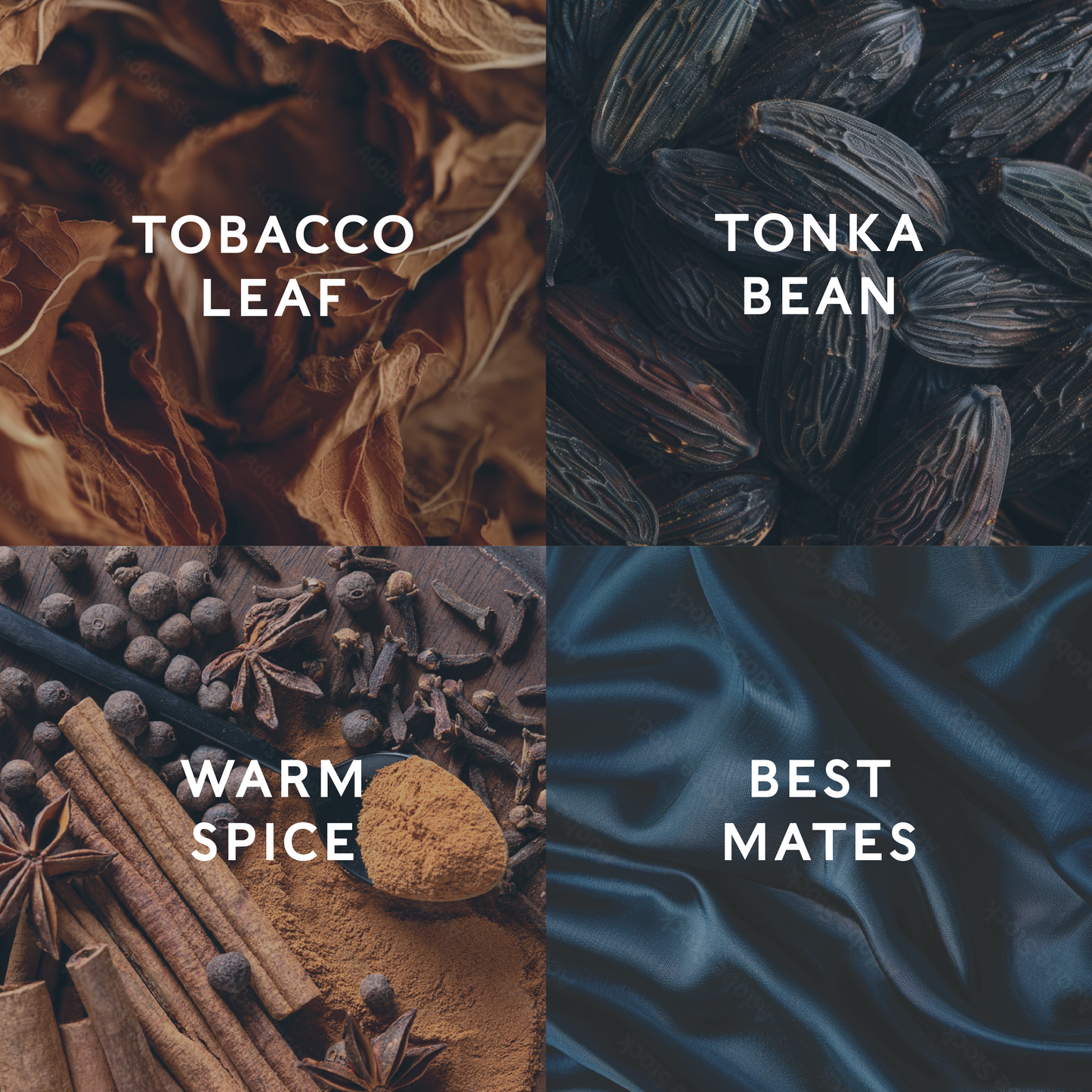 Collage of tobacco leaf, tonka bean, warm spice, and a blue fabric with text labels.