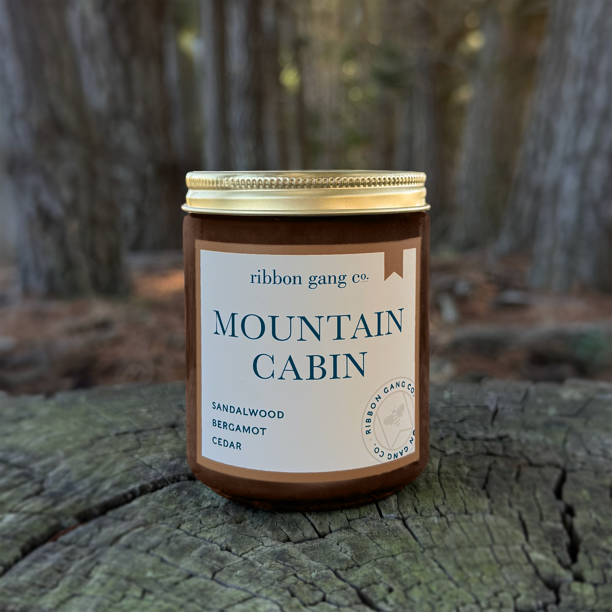 Candle labeled 'Mountain Cabin' by Ribbon Gang Co. on a wooden surface with a forest background.