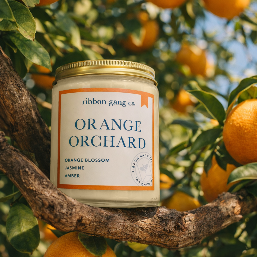Candle labeled 'Orange Orchard' by Ribbon Gang Co. on an orange tree branch with oranges in the background.