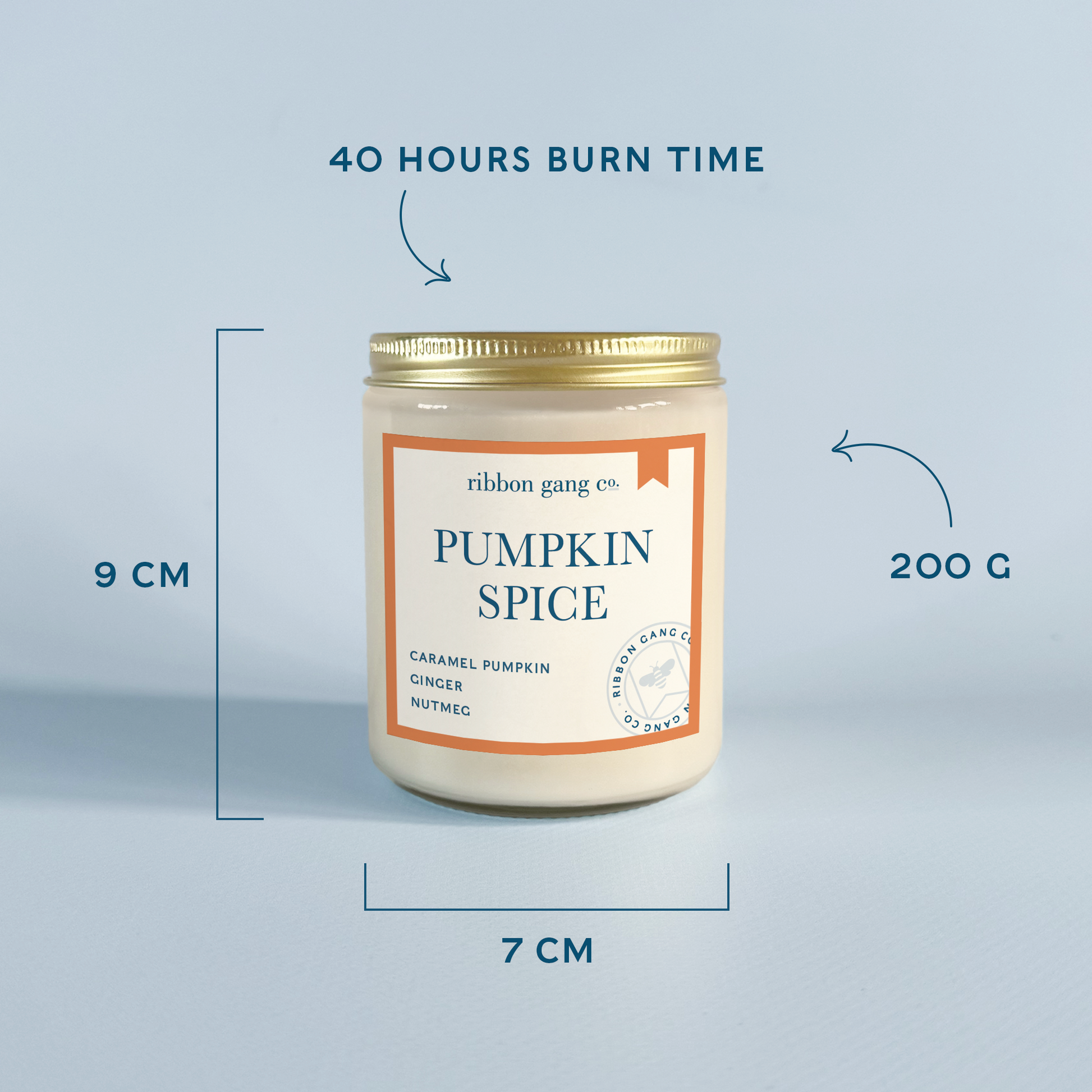 A jar candle labeled 'Pumpkin Spice' by ribbon gang co., shown with measurement callouts indicating 9 cm height, 7 cm width, 200 g weight, and 40 hours burn time on a light blue background.
