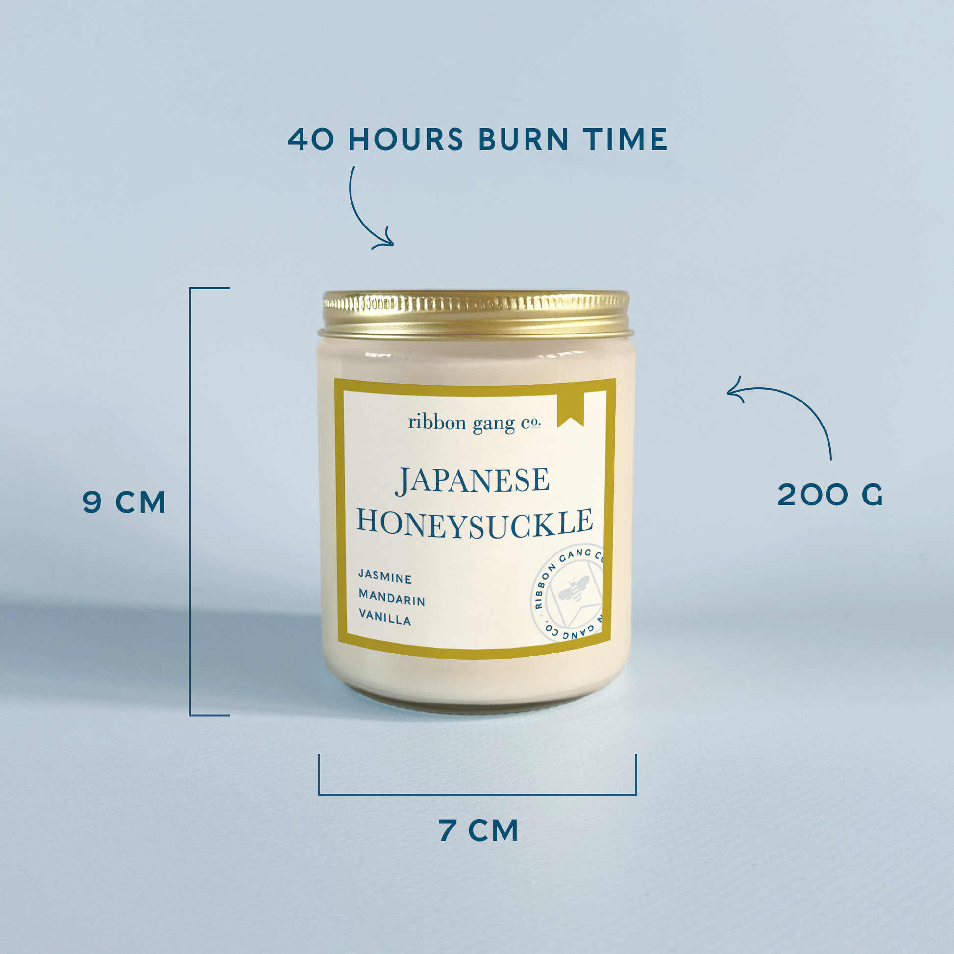 A candle jar labeled 'Japanese Honeysuckle' by ribbon gang co., shown on a light blue background with measurement callouts indicating 9 cm height, 7 cm width, 200 g weight, and 40 hours burn time.