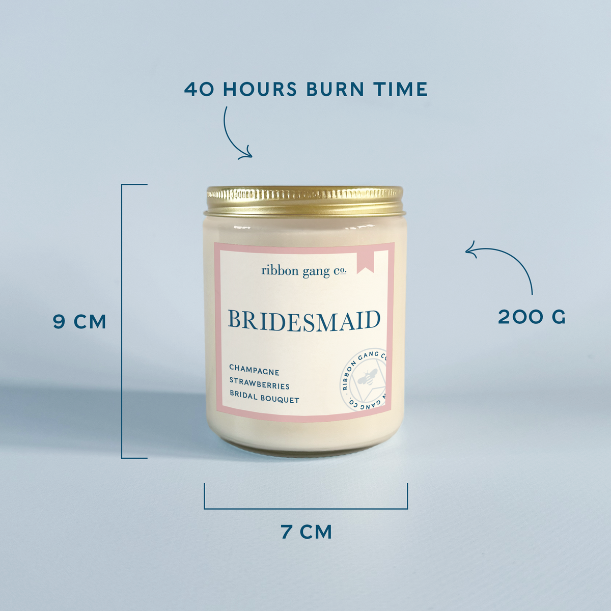 A candle jar labeled 'Bridesmaid' with measurement callouts showing 9 cm height, 7 cm width, and 200 g weight, plus text noting 40 hours burn time, on a light blue background.