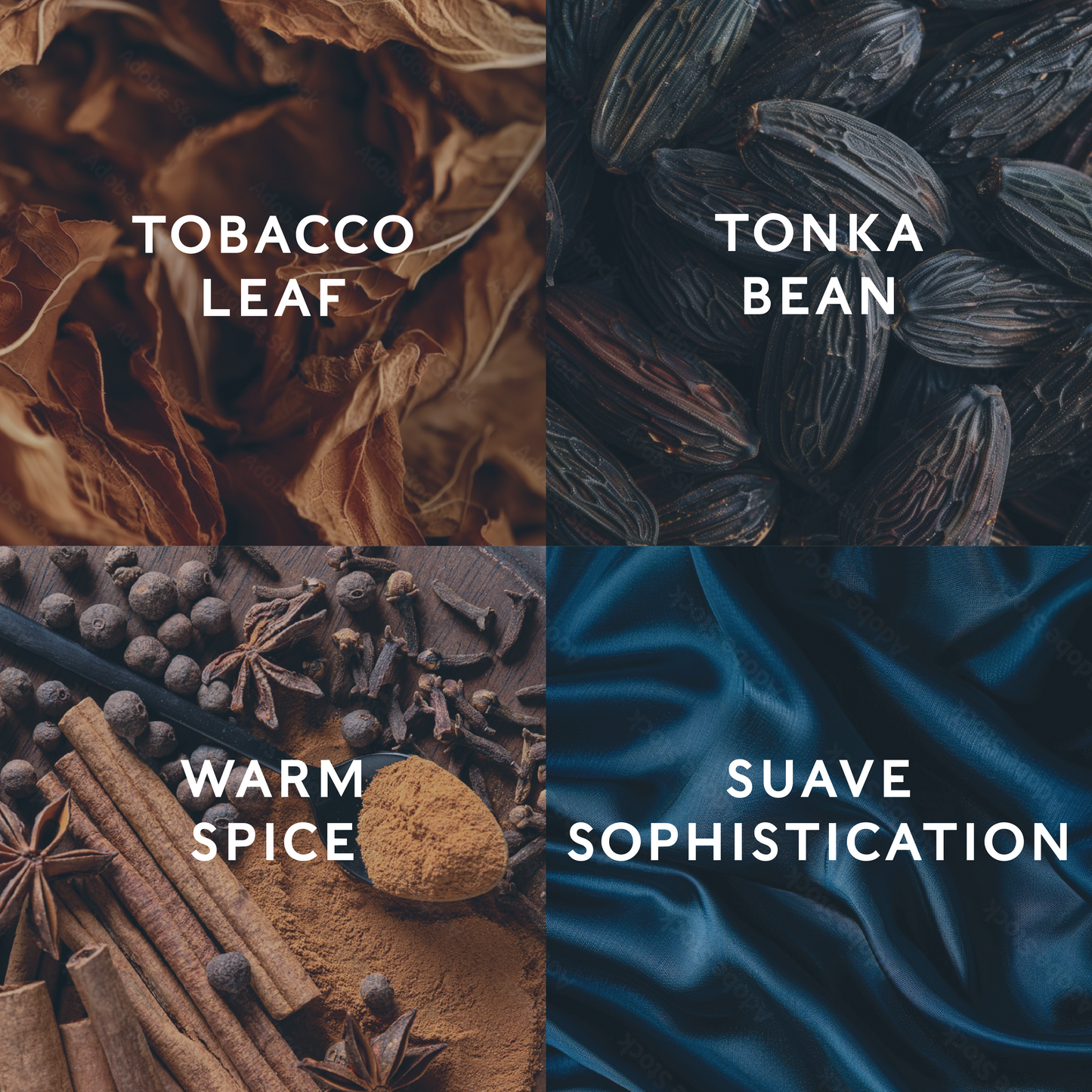 Four categories of spices and textures with descriptive text overlay demonstrating the candle scent notes.