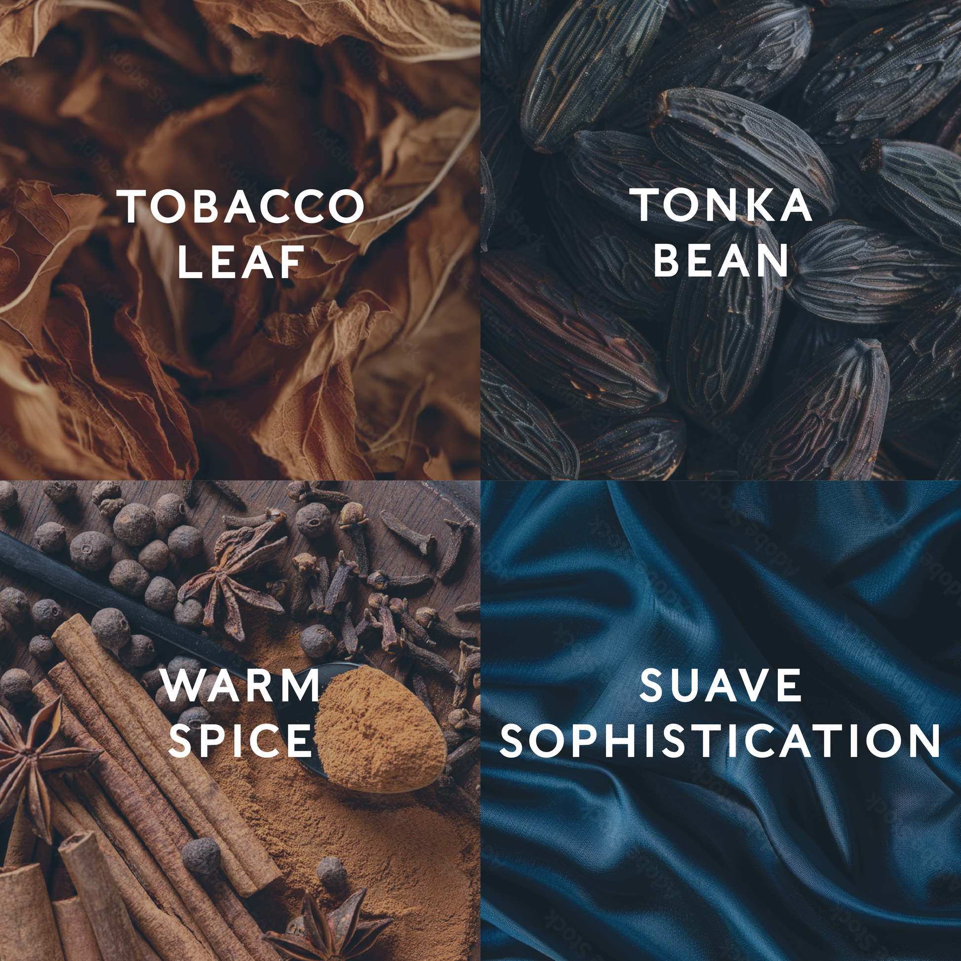 Four categories of spices and textures with descriptive text overlay demonstrating the candle scent notes.